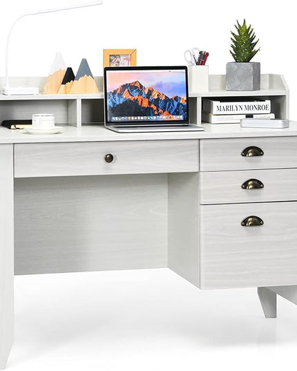 Tangkula White Desk with 4 Storage Drawers & Hutch, Home Office Computer Vintage Desk, Writing Study Table with Storage Shelves, Wooden Executive Desk (White)