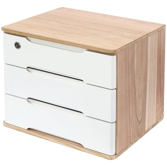 iSamLam Wood Desk Organizer with 3 Drawers, Lockable Desktop Countertop Storage Cabinet for Home Office Supplies File Tabletop Storage Box, 15.35" x 11.81" x 12.2" (Wood)