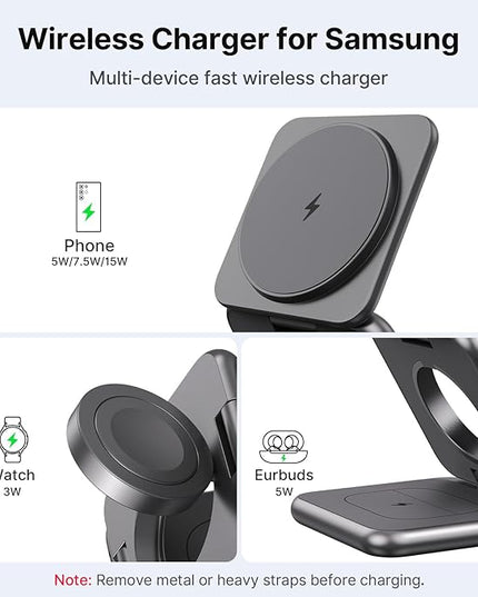 KU XIU Wireless Charger for Samsung,Zinc Alloy Foldable 3 in 1 Wireless Charging Station for Samsung Galaxy S25 Ultra S24 S23 S22 Note Z Fold 7 Flip/Buds,Fast Charger for Galaxy Watch Ultra 8 7 6 5 4