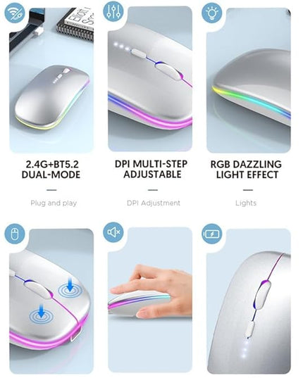 Wireless Bluetooth Mouse Rechargeable Laptop Mouse Portable LED Powered Display Computer Mice Use(BT5.2 or USB 2.4G) Dual Mode Connection Silent Slim Mice for Laptop Tablet/MacBook/PC (Silver)