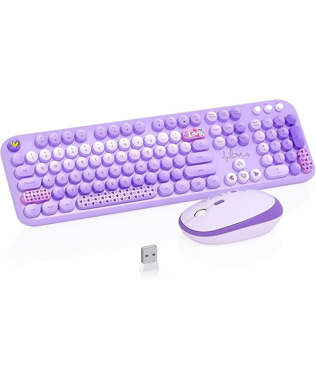 Wireless Keyboard and Mouse Combo, 104 Keys Cute Colorful Keyboard and Mouse with Retro Typewriter for PC/Mac/Laptop/Tablet/Computer/Windows Microsoft, Purple