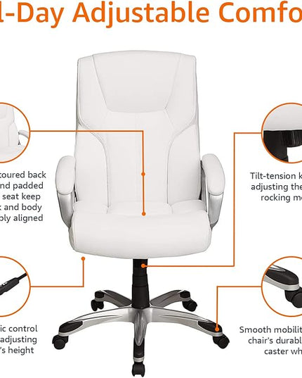 Amazon Basics Executive High Back Office Desk Chair, Adjustable Height, Tilt, Swivel, one Size, White/Pewter