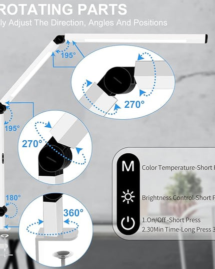 Micomlan LED Desk Lamp for Home Office, Architect Clamp Desk Lamp with Remote Control, Adjustable Dimmable Swing Arm Clamp on Table Light Clip-on Dual Light 5 Brightness Levels & 4 CCT Modes