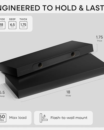 Homeforia Black Floating Shelf 18 inch, High End Solid Real Wood 18inch Bathroom Floating Shelves for Wall Mounted, Black Wooden 18in Floating Shelves, Heavy Duty Bracket, 18 X 6.5 X 1.75 in, Set of 2