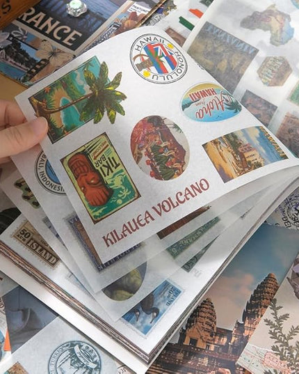 Prstincol Vintage Aesthetic Washi Stickers and Papers for Scrapbooking, 50 Sheets Ephemera Book for Art Journaling with Retro Global Travel Theme Stickers and Decoupage Papers for Junk Journal