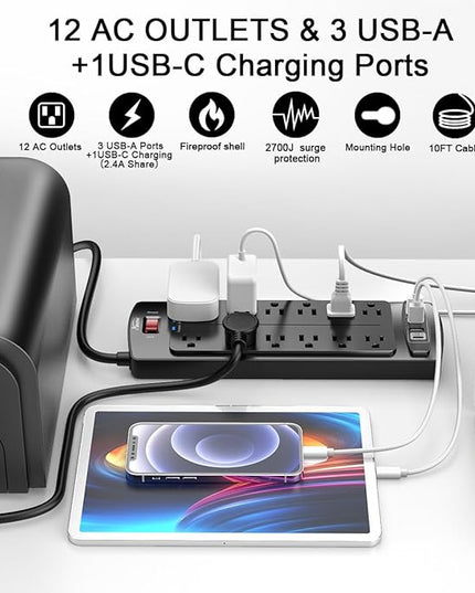 Power Strip Surge Protector - ALESTOR 10 Feet Extension Cord (1875W/15A) with 12 Outlets and 4 USB Ports, 2700 Joules, for Home, School, College Dorm Room, and Office, ETL Listed, Black