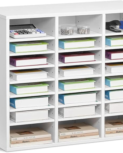 VEVOR Literature Organizer, 24 Compartments Office Mailbox with Adjustable Shelves, Wooden Mailbox Sorter Medium Density Fiberboard Office Home Classroom Storage for Files, Documents, Papers, White