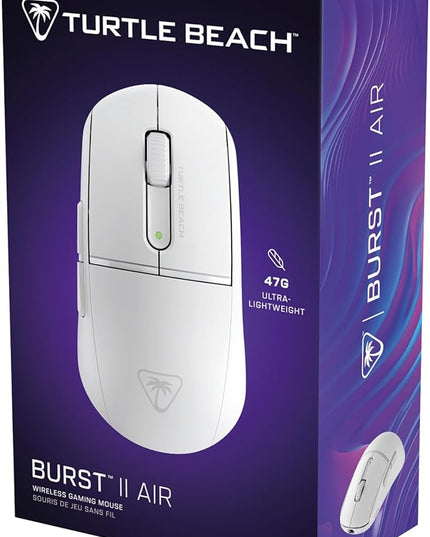 Turtle Beach Burst II Air Wireless Gaming Mouse - 47g Ultra Lightweight, Optical Switches, 26000 DPI Optical Sensor, 120-hour Rechargeable Battery, Symmetrical Design, Bluetooth, USB-C Cable – White