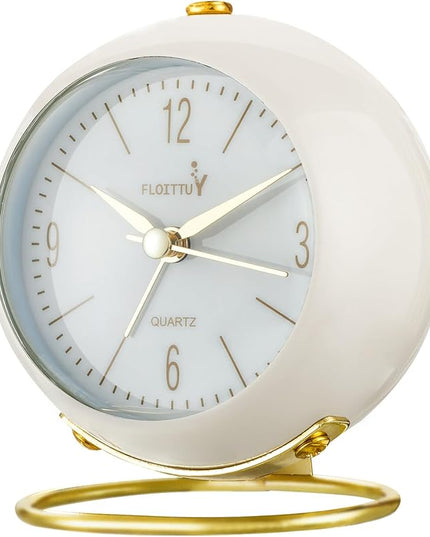 FLOITTUY Silent Table Analog Alarm Clock No Ticking, Lighted on Demand and Battery Operated, Beep Sounds, Small Desk Clock(White)