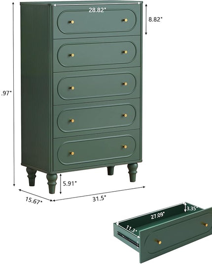 5 Drawer Fluted Dresser for Bedroom Set of 2, Mid Century Modern Chest of Drawers, Wood Storage Large Dresser Organizer for Bedroom Living Room Hallway Closet, Green