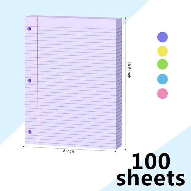 Purple Loose Leaf Paper 200 Sheets Colored Filler Paper 2 Pack 8 * 10.5 College Ruled Paper 3-Hole Punched Paper for 3-Ring Binders Notebook Lined 8" x 10.5"