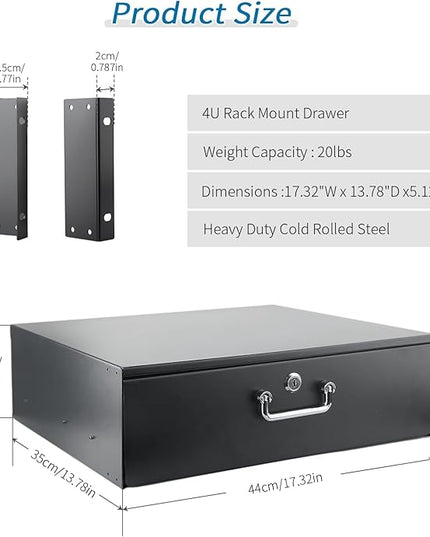 Rack Drawer, Rack Mount Drawer Designed for 19-inch Network Equipment, Servers, AV Racks, or Cabinet Enclosures. Sliding and Lockable Server Rack Drawer Features Cable Management Holes (4U)