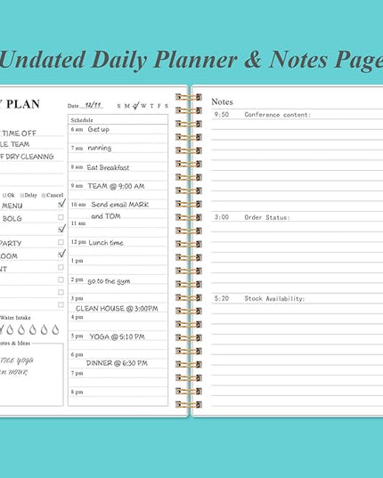 Daily Planner Undated - A5 To Do List Notebook Hourly Schedules, Spiral Appointment Planner for Women and Men, PVC Hardcover, Inner Pocket, Elastic Closure, 5.8" x 8.3", Teal Flowers