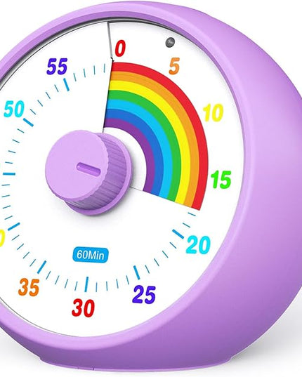Visual Timer for Kids, 60-Minute Countdown for Classroom Office Kitchen, Desk Timer Kids Time Management Tools with Silent Operation, Pomodoro Timer Rainbow Pattern Purple