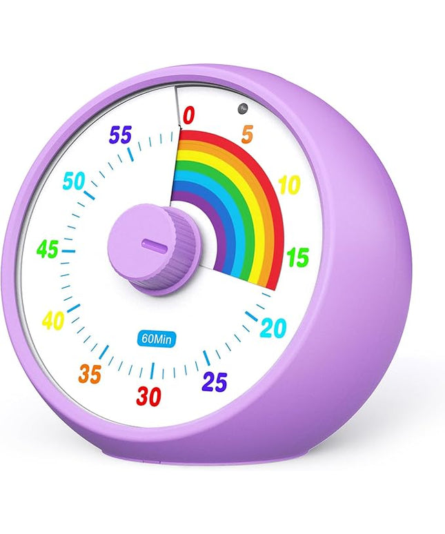 Visual Timer for Kids, 60-Minute Countdown for Classroom Office Kitchen, Desk Timer Kids Time Management Tools with Silent Operation, Pomodoro Timer Rainbow Pattern Purple