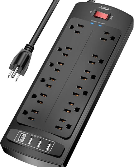 Power Strip Surge Protector - ALESTOR 10 Feet Extension Cord (1875W/15A) with 12 Outlets and 4 USB Ports, 2700 Joules, for Home, School, College Dorm Room, and Office, ETL Listed, Black