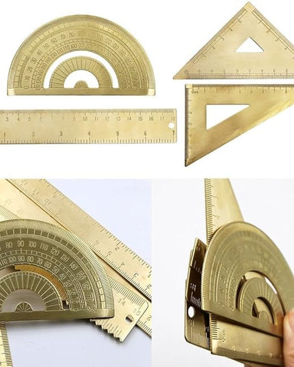 Golden Brass Ruler Set with Protractor and Triangles, 18 cm / 7 inch for Precision Measuring Tools for Drafting, Art, Engineering, School, Office, Portable Stationery Kit