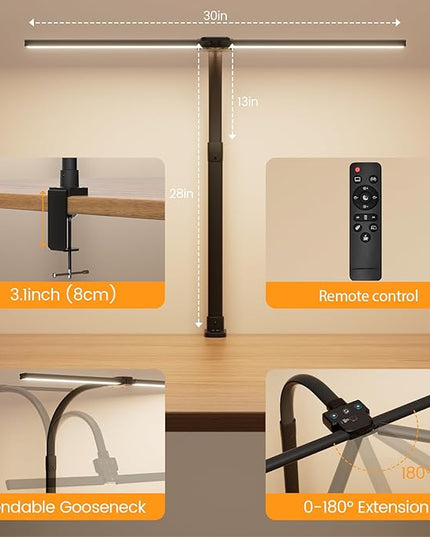 LED Desk Lamp for Home Office, 24W Computer Desk Light with Remote Control, Bright Table Lamp with Clamp Dimmable Tall Desktop Lighting with Bendable Gooseneck, Double Head, Black