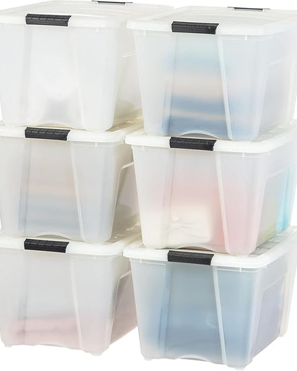 IRIS USA 54 Qt Stackable Plastic Storage Bins with Lids, 6 Pack - BPA-Free, Made in USA - Discreet Organizing Solution, Latches, Durable Nestable Containers, Secure Pull Handle - Pearl