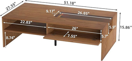 NessCarsti Coffee Table with LED Lights, 51" Modern Rectangular Living Room Center Table with Storage Shelves & Hidden Compartment, Stylish Tea Table for Apartment, Home, Office