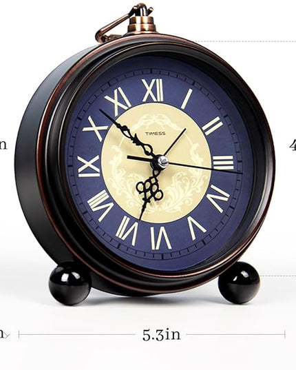 TIMESS Vintage Analog Alarm Clock, 4.3" Silent Non-Ticking Quartz Desk Clock with Roman Numerals, Battery Operated Table Clock for Bedroom, Living Room, Office, or Gift (Blue)
