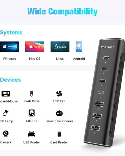 Rosonway 7 Ports Powered USB 3.2/USB C Hub 10Gbps with 4 USB-C 3.2, 3 USB-A 3.2 Ports, 3.3ft Cable and 36W(12V/3A) Power Adapter, Aluminum USB Splitter for Laptop, RSH-H7C4