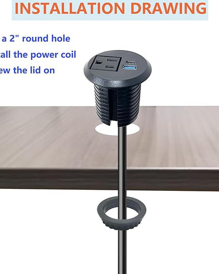 Desktop Power Outlet,2-inch Built in Power Strip,Slim Flat Plug Power Outlet,1 USB and 1 Type-C,20W PD Fast Charging,Home,Desk,6.5 Ft Cable (Black)