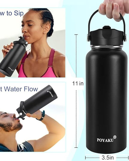 Water Bottle Insulated 32oz 40oz 64oz 128oz Straw Lid Spout Lid & 3 Lids, Leak Proof, Vacuum Insulated,Stainless Steel Water Bottle Wide Mouth for Sports, Gym or Office