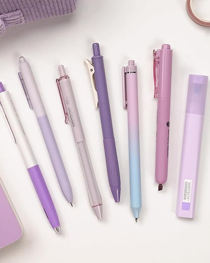 WRITECH Gel Pens Journaling Highlighters: Journal Set Aesthetic Assorted Pastel Color Ink 0.5mm Fine Point Retractable 0.7mm Black Pen Smooth Writing Drawing No Bleed 7ct (Purple)