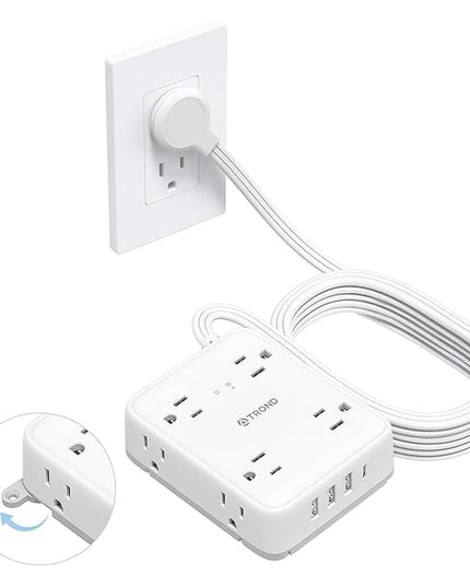 TROND Surge Protector Power Strip with USB, Ultra Thin Flat Plug 10ft Extension Cord 1625W, 3 USB-A & 1 USB-C, 8AC Outlets 1440J Surge Protection Wall Mount for Home Office Dorm Room Essentials, White