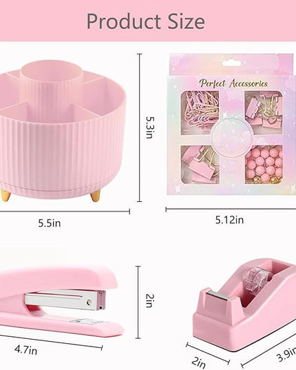 suniya Office Supplies,Desk Accessories,with Stapler,Tape Dispenser,Staple Remover,Scissor,Ballpoint Pen,Sticky Notes,Clear Tape,Staples,Desk Organizer,Ruler,Binder,Best Gift Set(Pink)