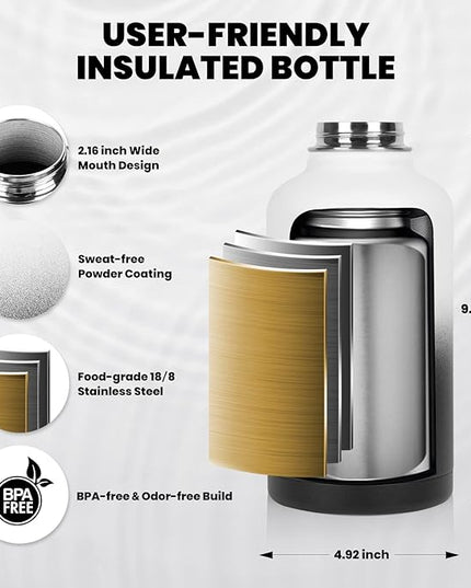 Insulated Water Bottle 64 oz, Triple Wall Vacuum Stainless Steel (Cold for 48 Hrs), Leak Proof & Non-BPA, Half Gallon Water Flask Jug with Paracord Handle & Straw Spout Lids, White/Black