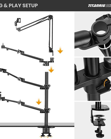 TARION Overhead Camera Desk Mount: 4-in-1 Heavy Duty Mount Set with 1 Mic Boom Stand + 3 Articulating Arms for DSLR Cameras Ring Light Monitor Laptop - Live Stream Stand TitanRig Desk