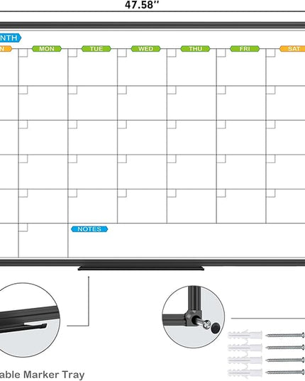 JILoffice Dry Erase Calendar Whiteboard 48 X 36 Inch - Magnetic White Board Calendar Monthly, Black Aluminum Frame Wall Mounted Board for Office Home and School