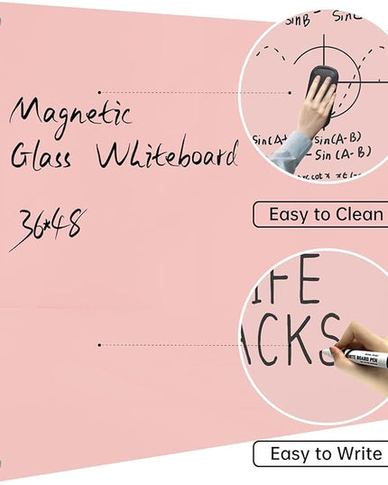 Magnetic Glass Dry Erase Board - White Board 48 x 36 Inch Wall Mounted Glass Whiteboard, Large Frameless Glass White Board for Wall Office, Home & School, Pink