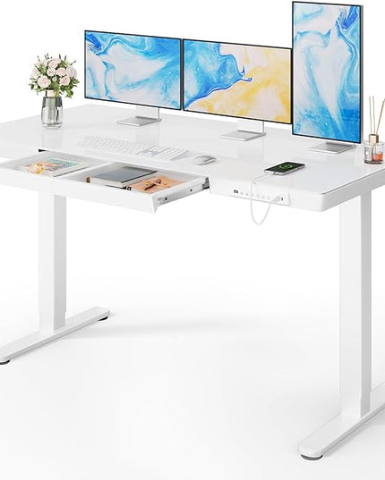 Marsail Glass Standing Desk with Drawer,55 x 28 inch Electric Standing Desk, Sit Stand Desk with One-Piece Tabletop & USB Charging Ports, Height Adjustable Desk with Storage for Home & Office White