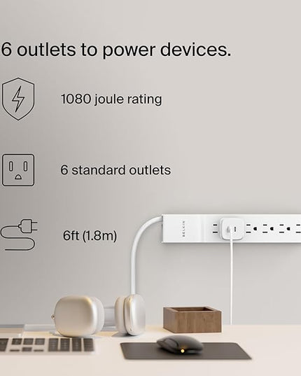 Belkin 6-Outlet Power Strip Surge Protector w/Flat Rotating Plug, 6ft Cord – Ideal for Personal Electronics, Small Appliances and More (1080 Joules), White, 6' - 6 Pack