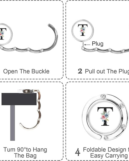3pcs Personalized Initial Foldable Purses for Table - Flower Letter Folding Handbag Hangers, Portable Magnet Table Hooks, Collection Desk Purse Hooks for Women (Black-T)