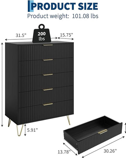 Garvee Fluted Dresser for Bedroom with 5 Drawers,32" Wide Modern Chest of Wooden Bedroom Chest with Metal Handle,Wide Clothes Storage Organizer,Closet Dresser & TV Stand for Living Room,Hallway,Black