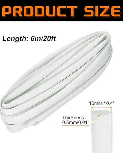 MECCANIXITY 20ft Braided Cable Sleeve, 0.4" ID 200C High Temperature 1500V Fiberglass Wire Insulation Cord Protector Organizer Wires Management for Motor Engine Fuel Line, White