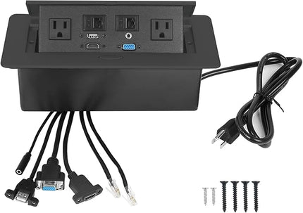 Table Pop up Power Strip Box Desktop Pop Up Outlet Recessed Multimedia Strip Socket Conference Table Power Hub Hidden Table Connection Box with Outlet Network HDMI for Office Desk (Black-A)