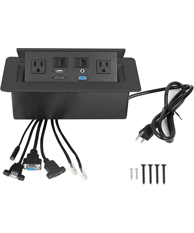 Table Pop up Power Strip Box Desktop Pop Up Outlet Recessed Multimedia Strip Socket Conference Table Power Hub Hidden Table Connection Box with Outlet Network HDMI for Office Desk (Black-A)