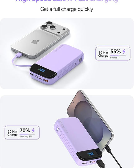 Portable Charger Power Bank Built-in Cables, 32000mAh 22.5W USB C Fast Charging, 5 Outputs 3 Inputs Travel Essentials Battery Pack Compatible with iPhone, iPad, Samsung, Google Pixel, Purple