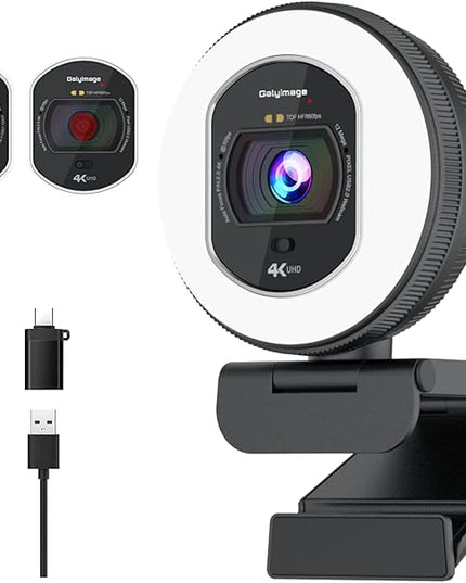 4K Webcam with Ring Light Web Cam 4K Autofocus with TOF Computer Camera 1080P 60FPS Web Camera Built-in Privacy Cover and Microphone Streaming Webcams for Zoom/Skype/Google Meet
