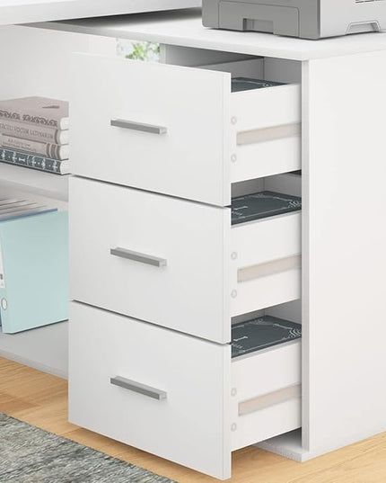 HSH White L Shaped Desk with Drawers Shelves, 360 Rotating L Shape Computer Desk with Storage Cabinet, Corner Home Office Desk Computer Table，55 Inch
