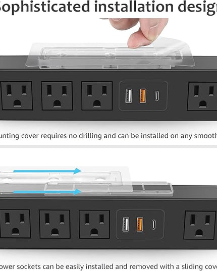 HHSOET Under Desk Power Strip with 3M Adhesive, Removable Under Desktop Mount Plug with Fast Charging USB C and USB A Ports, 4 Outlet Under Table Surge Protector 1200J, 10FT Extension Cord. (Black)