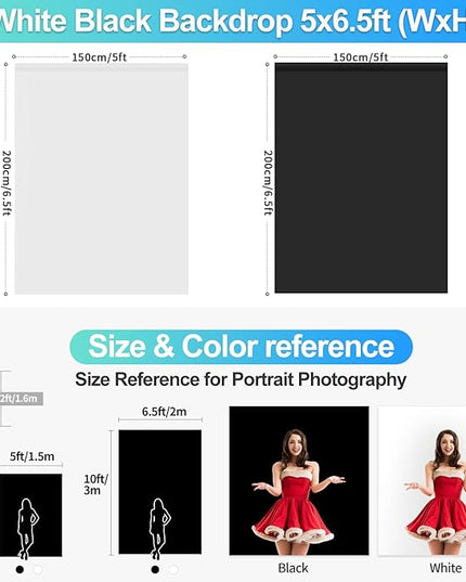 Black White Backdrop Screen with Stand Kit for Photo Video Studio Filming 5X6.5ft, Black Backdrop White Photo Curtain Background with T Shape Stand and 5 Spring Clamp for Photography Party Decorations