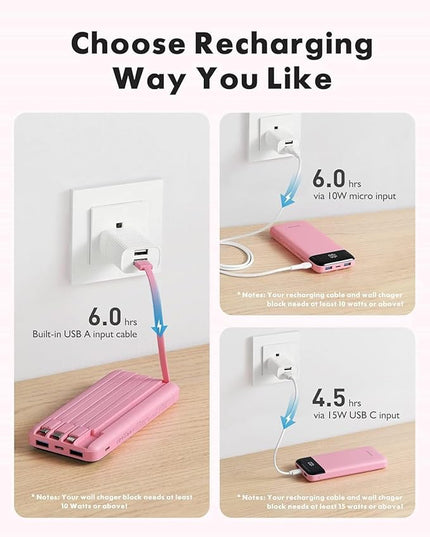 charmast Portable Charger with Built in Cables, Power Bank with Cords Wires, Slim 10000mAh Travel Battery Pack 6 Outputs 3 Inputs 3A Fast Charging for Samsung Google Pixel LG Moto iPhone iPad