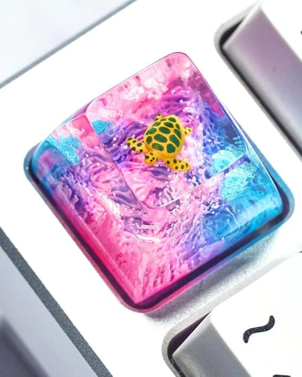 Sea Turtle Artisan Keycap Pink and Blue Ocean Coral R1 SA Profile Custom Sea Creatures Keycaps 1U ESC Handmade Gaming Resin Key Cap Cherry MX Switch Compatible Mechanical Keyboard Turtle Lover Gift