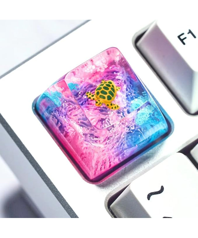 Sea Turtle Artisan Keycap Pink and Blue Ocean Coral R1 SA Profile Custom Sea Creatures Keycaps 1U ESC Handmade Gaming Resin Key Cap Cherry MX Switch Compatible Mechanical Keyboard Turtle Lover Gift
